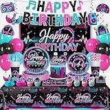 wellspar 208pcs Karaoke Party Decorations Complete Tableware Set, for 25 Guests, Karaoke Birthday Party Decorations, Disposable Plates, Pre-strung Banner, Tablecloths for Music Birthday Decor