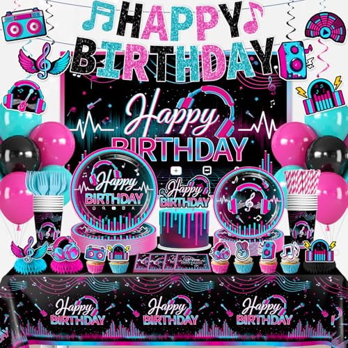 What Else Can I Do Karaoke 6 wellspar 208pcs Karaoke Party Decorations Complete Tableware Set, for 25 Guests, Karaoke Birthday Party Decorations, Disposable Plates, Pre-strung Banner, Tablecloths for Music Birthday Decor