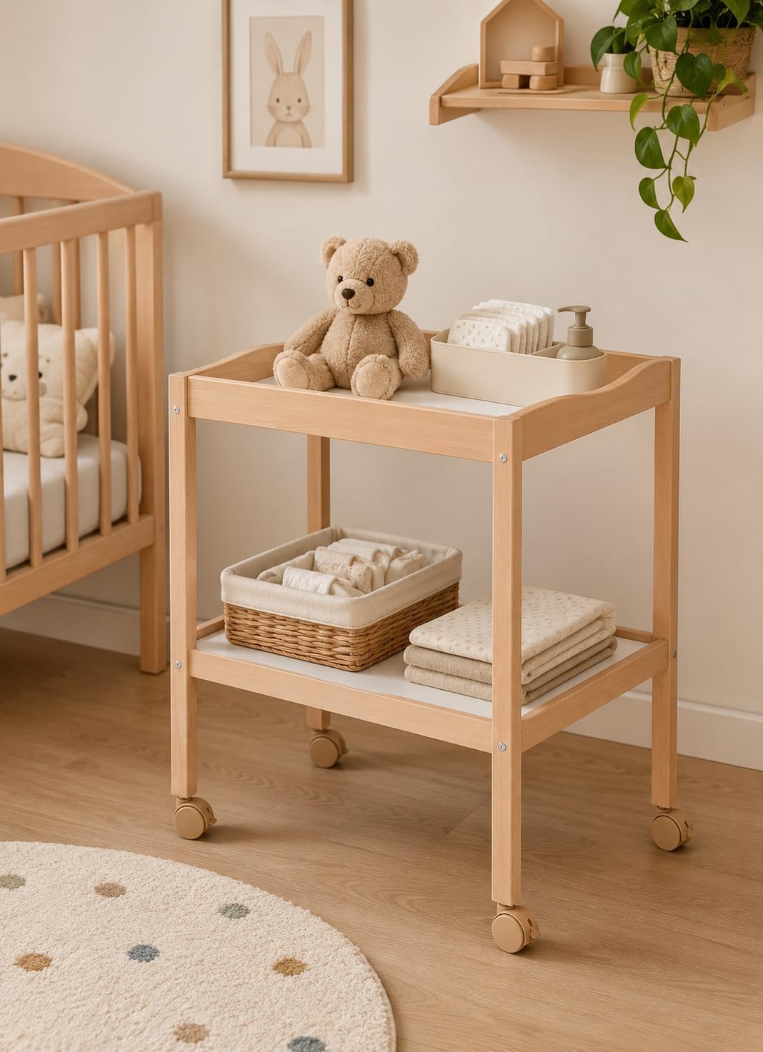 Table à Langer en Bois de Hêtre Naturel avec Roulettes Freinées – 75 x 55 x 89 cm – Étagère de Rangement – Mobilier Bébé Écologique et Durable
