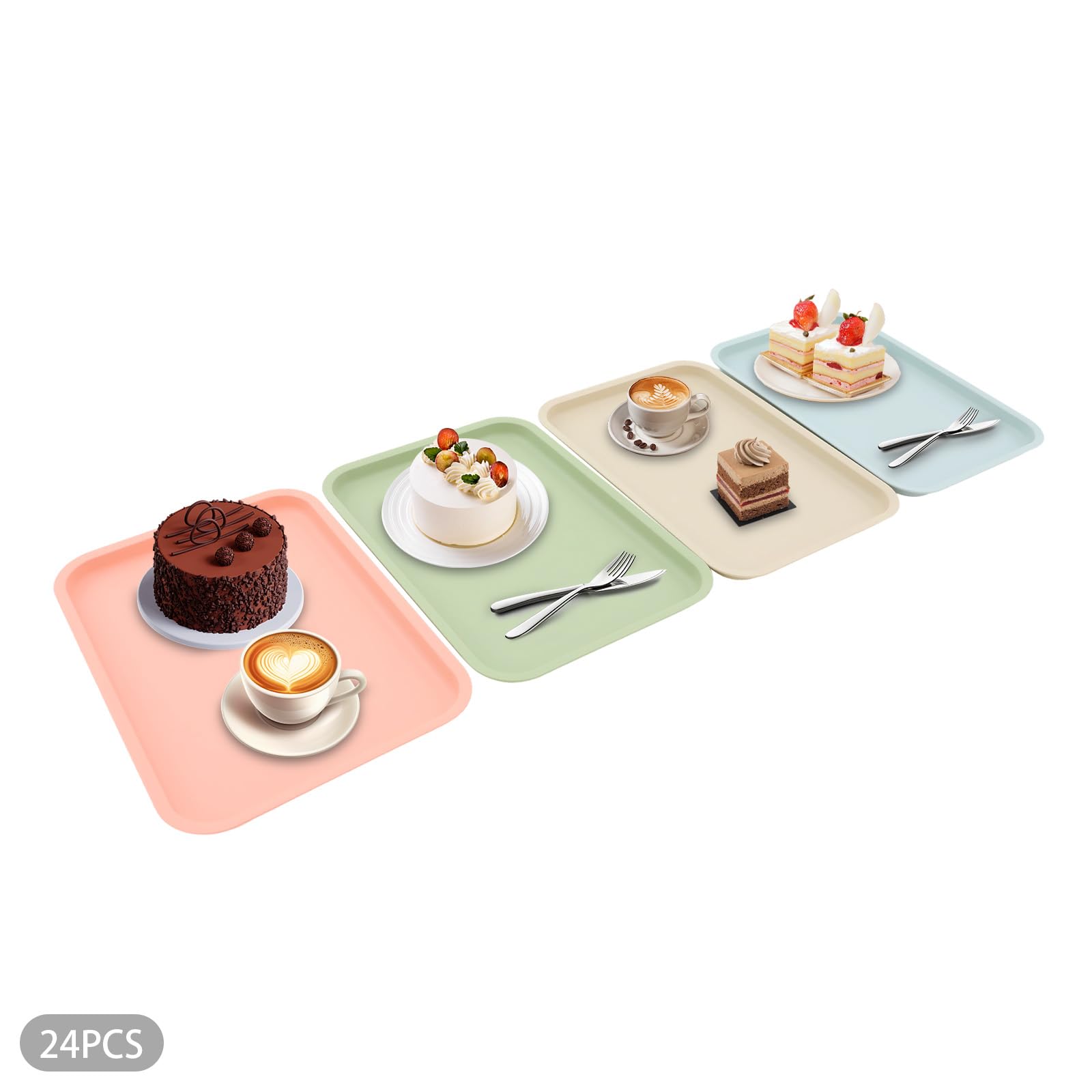 Bandeja para servir 36 x 27 cm, plástico PP, juego de 24 unidades, 4 colores, resistente, antideslizante (rosa, verde, azul y caqui)
