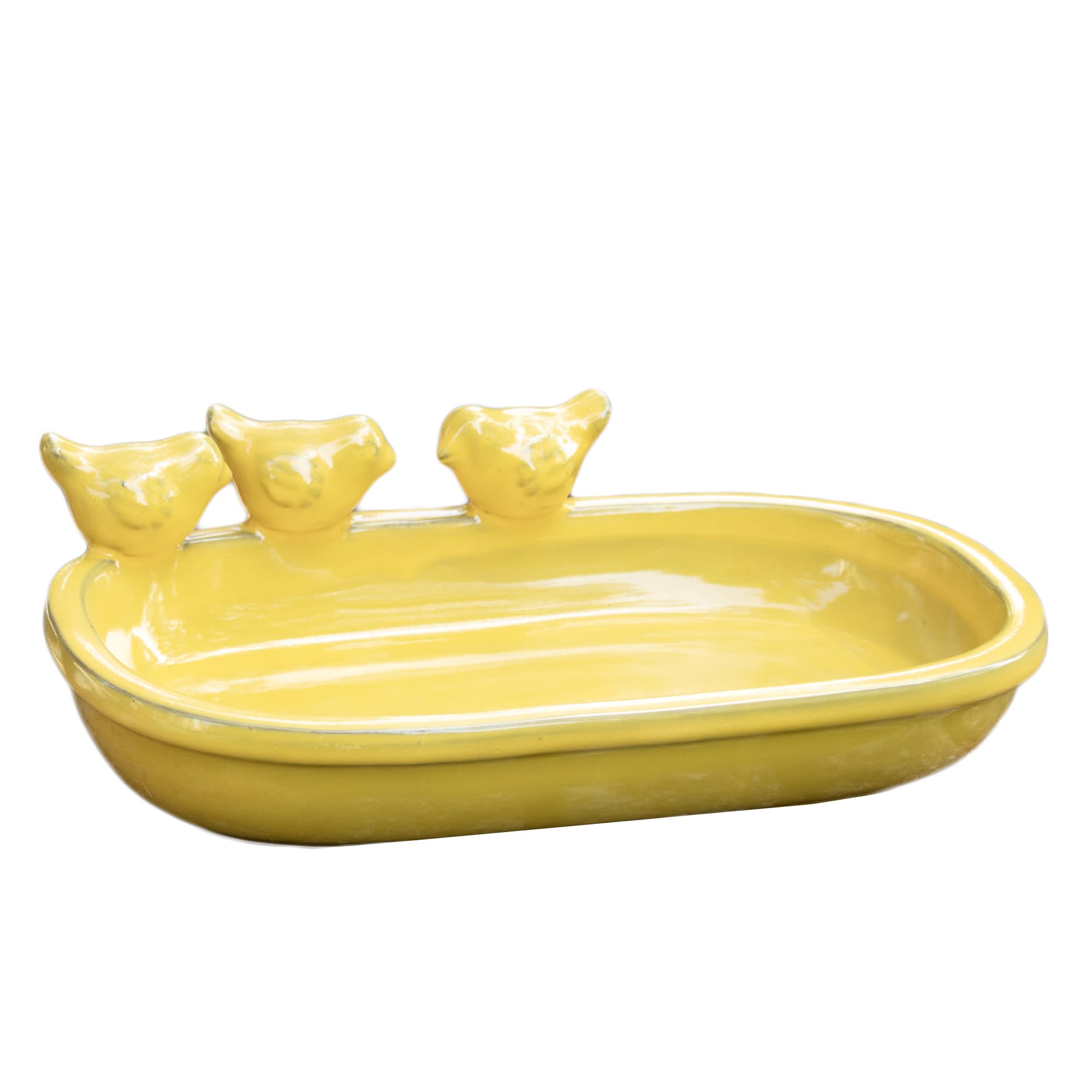 Oval Ceramic Bird Bath Glaze Garden Outdoor Water Seed Feeder Bowl Decoration (Yellow)