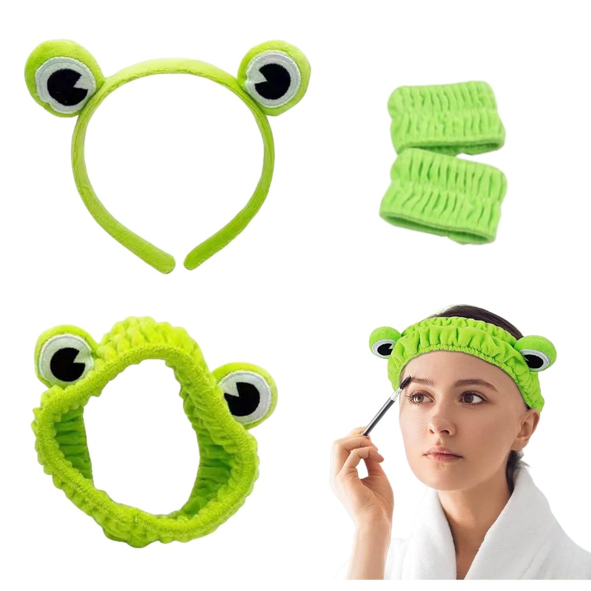 Fascia per capelli a forma di rana, fascia da spa e polsi, fascia per la cura della pelle, fascia per il trucco, set per lavaggio viso elastico per ragazze e donne