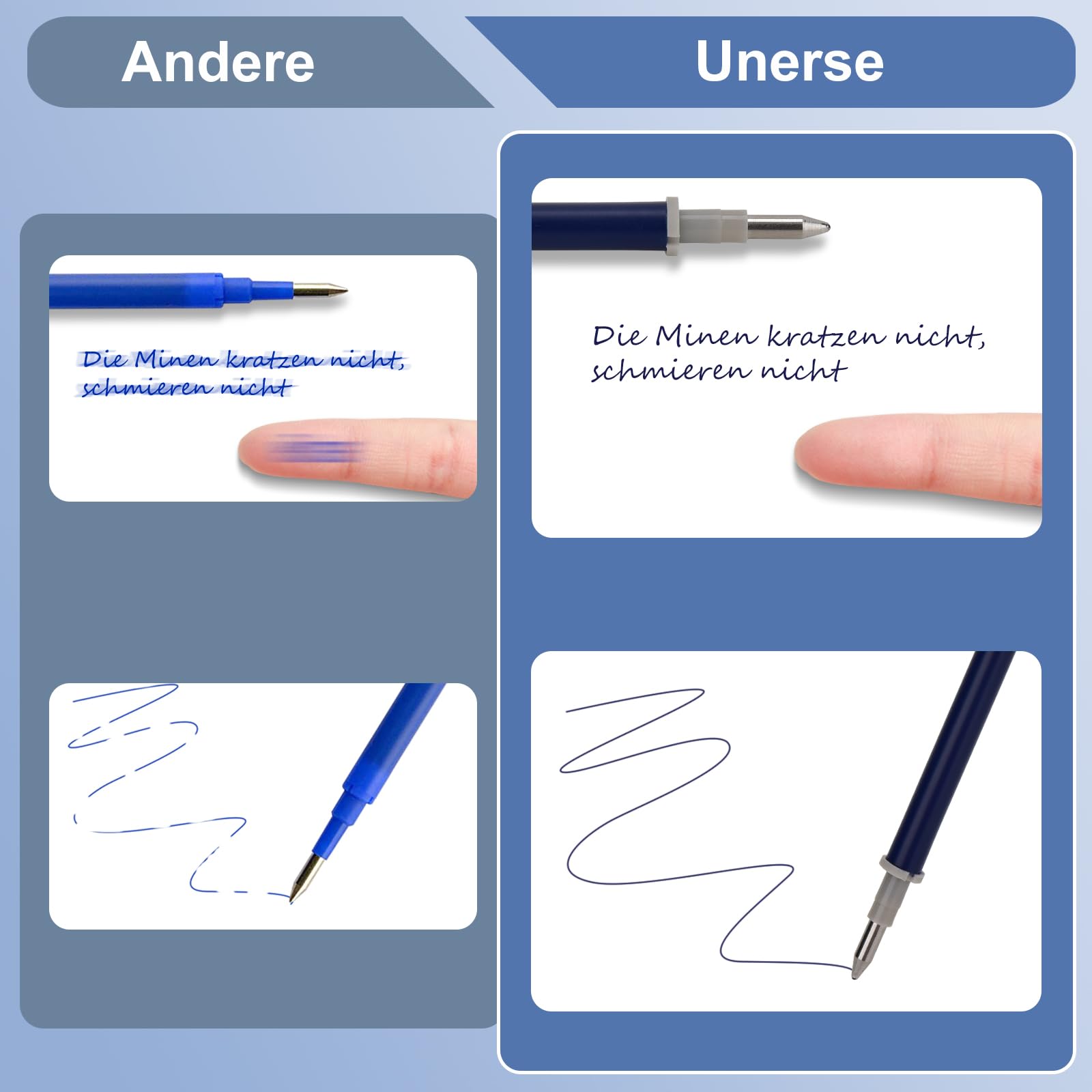 14 mine di ricambio cancellabili blu nero - compatibili con Legami - punta della penna 0,7 mm, facili da cancellare, per la scuola e la vita di tutti i giorni, altezza 13 cm