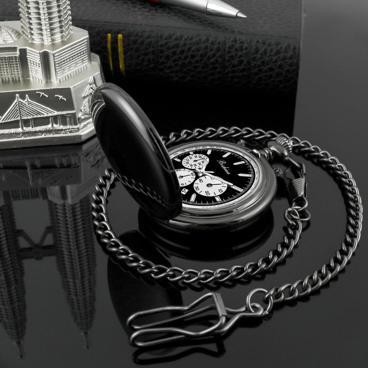 BOSHIYA Orologio da tasca al quarzo liscio da uomo, multifunzionale, cronografo, classico, vintage, per uomo e donna, con catena, regalo di Natale, laurea, compleanno, festa del papà,