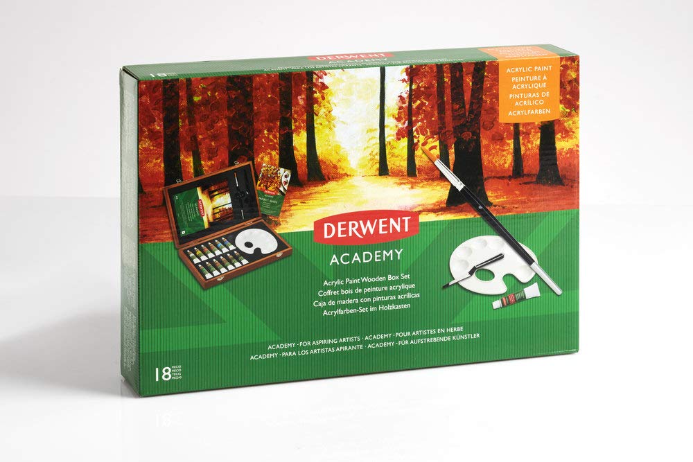 Derwent, Zestaw do Malowania Akrylami Derwent Academy, Zawiera 12 Farb Akrylowych, Pędzel, Paletę do Mieszania, Blok A5 do Akryli, Drewniane Pudełko (2305674)