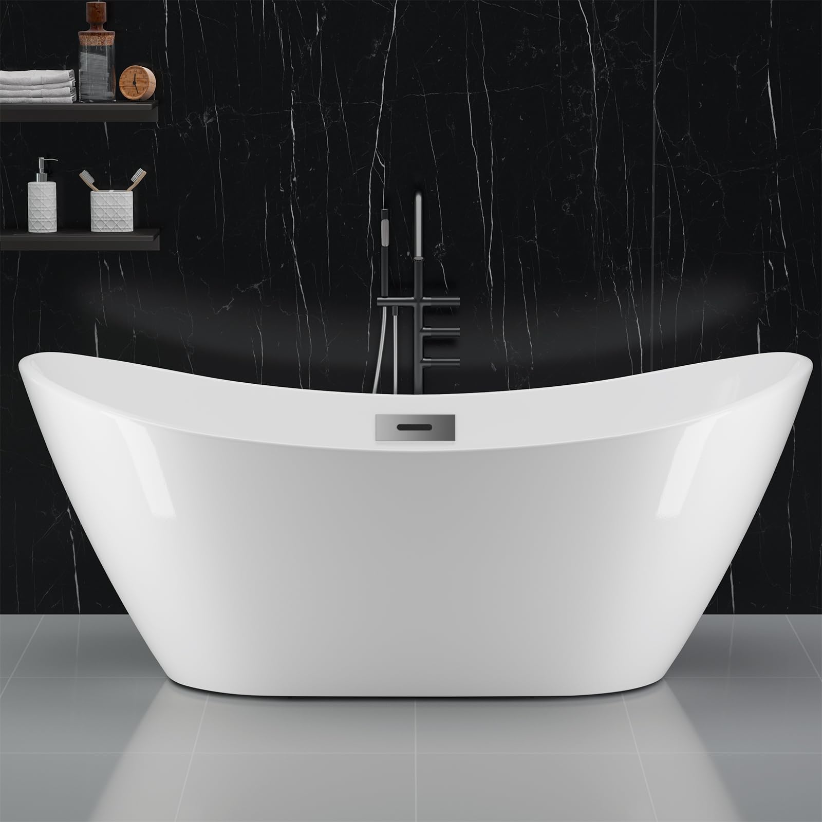 Acrylic Freestanding Bathtub, Deep Soaking Tub with Non-Slip Base, CUPC Certified Free Standing Tub, Chrome Drain Bath Tub, Modern Tub for Bathrooms, White, 59Inch