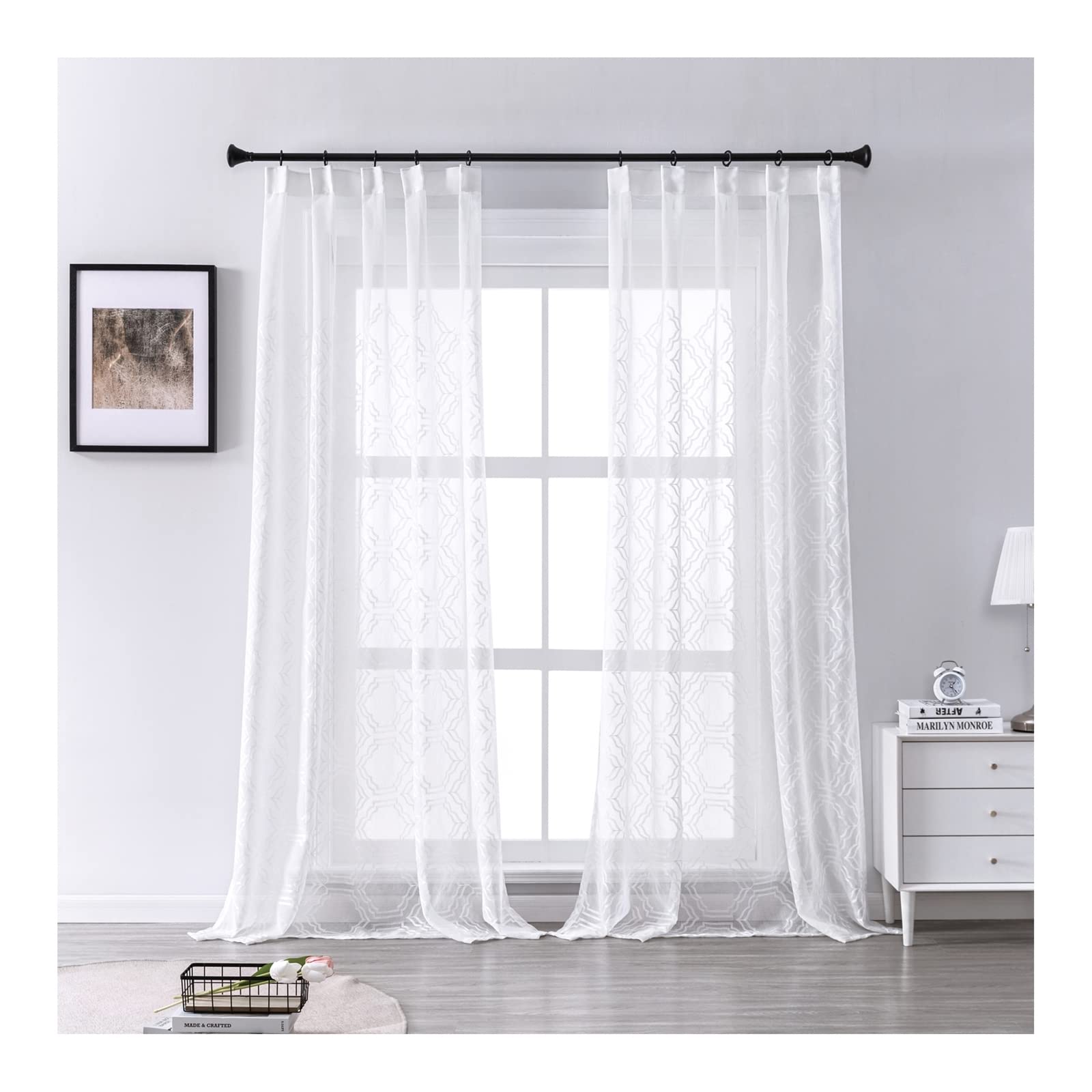 Voilage Rideaux Lot de 2 Blanc 107x160CM, Rideau Voile Crochet Chambre Hexagonal Geometrique Décorations d'intérieur de Fenêtre Rideaux Cuisine Balcon Baie Vitrée