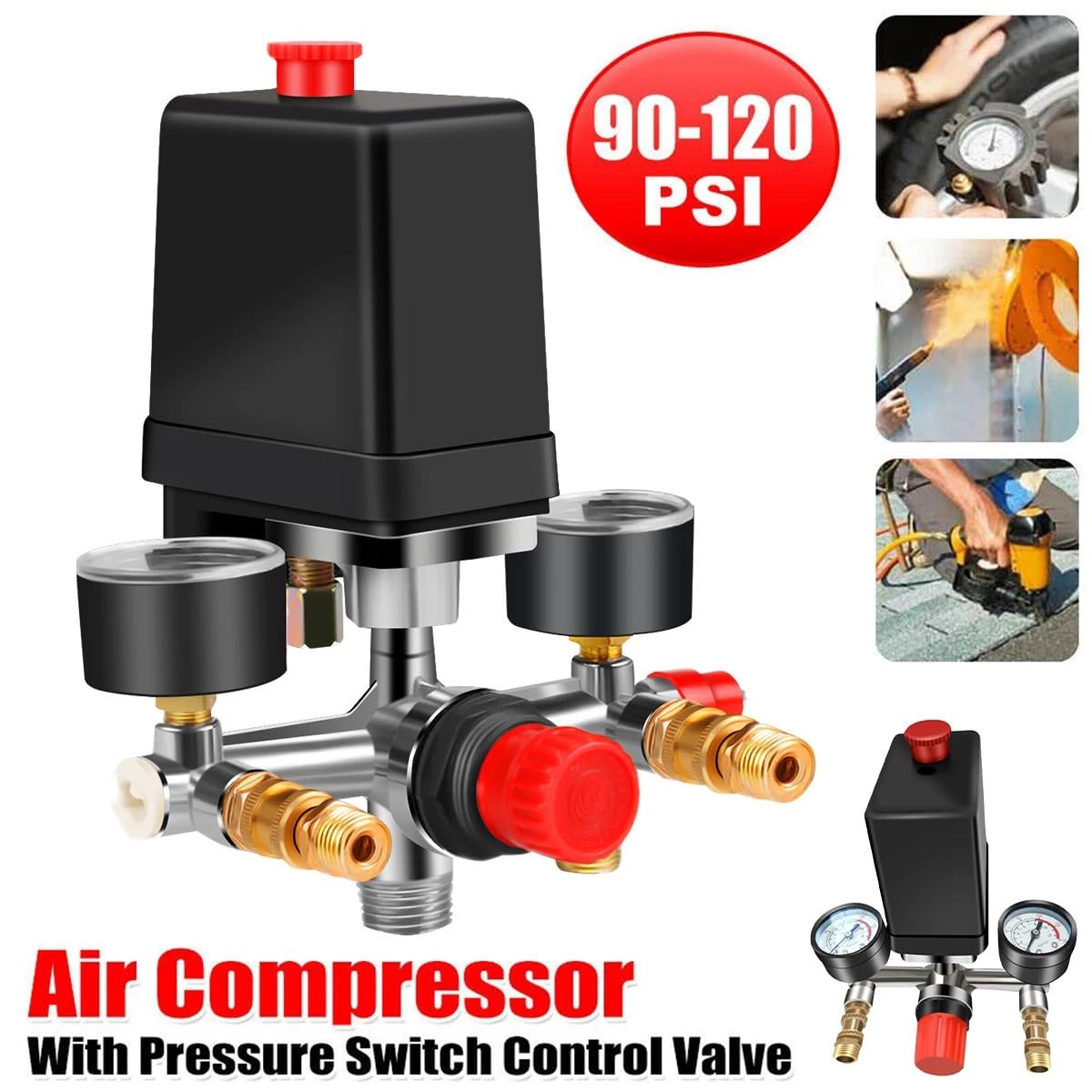 90-120PSI Pressostato compressore d'aria Collettore Regolatore Manometri Controllo 220-380V Alluminio(Black)