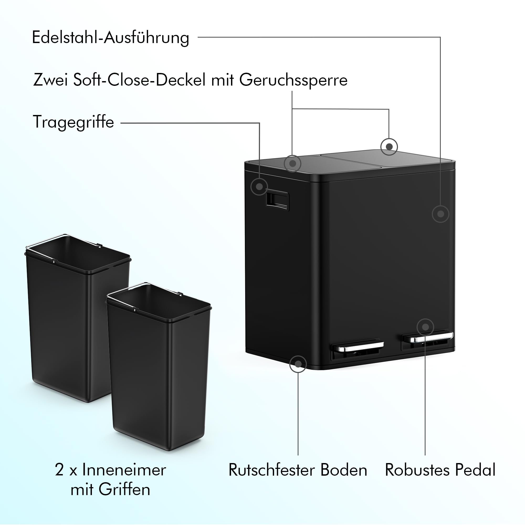 VonHaus Mülleimer 30L, Mattschwarz, Küchenmülleimer 2 Fächer, Doppelmülleimer 2 x 15L, Mülltrennsystem, Rutschfester Standfuß, Herausnehmbare Inneneimer, Luftdichter Abfalleimer