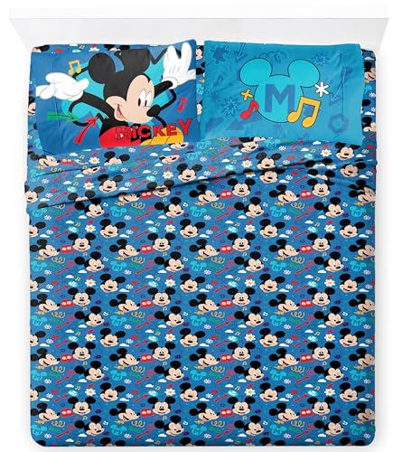 Jay Franco Kids Sheet Set with Fitted, Flat Sheets & Pillow Cover - Ultra-Soft Bedding with Pillowcase for Room Decor, Blue - Mickey Mouse, 4 Piece Queen