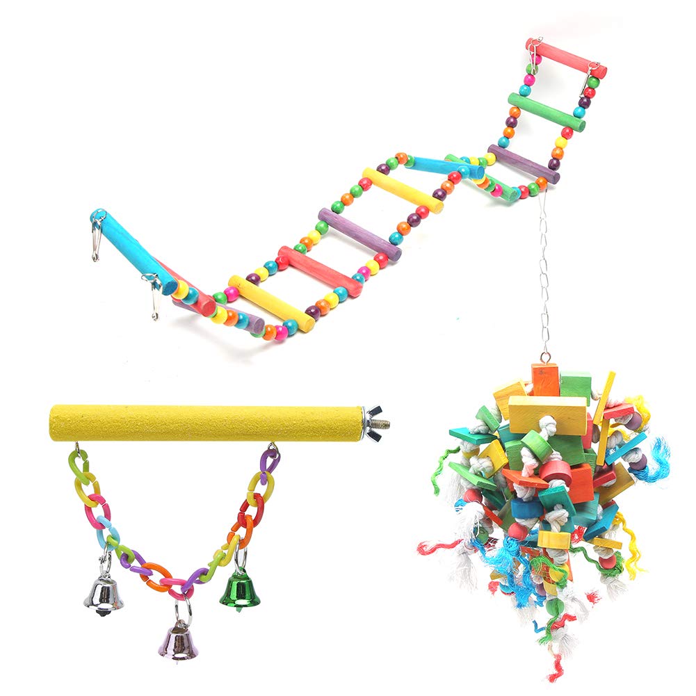 3PCS Bird Chewing Toy Set | Colorful Blocks String/Frosted Rod/Ladder Swing | Wood Parrot Biting Toy | Cage Accessory for Parrots & Small Birds