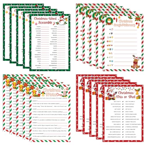 54 Pcs Christmas Party Games Card Set Merry Christmas Trivia Party Game Xmas Holiday Word Scramble Pictionary This Or That Paper Cards For Family Adults Large Group Activities Supplies With Answer Key