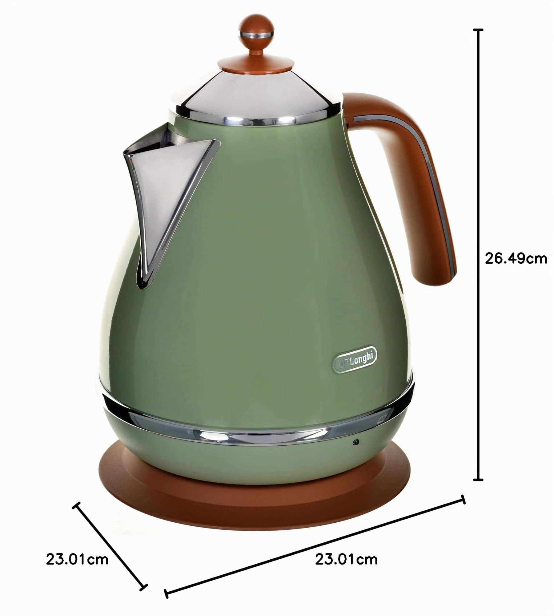 De'Longhi Wasserkocher Icona Vintage KBOV2001.GR - 1,7 l mit Wasserstandsanzeige und 360° Basis,Edelstahl in elegantem Retro Look mit Chrom-Details,‎2000 W,‎ ‎23.01 x 23.01 x 26.49 cm,Olive