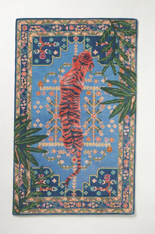 Handmade Wool Silk Tiger Motif Rug 6x6 Ft Blue