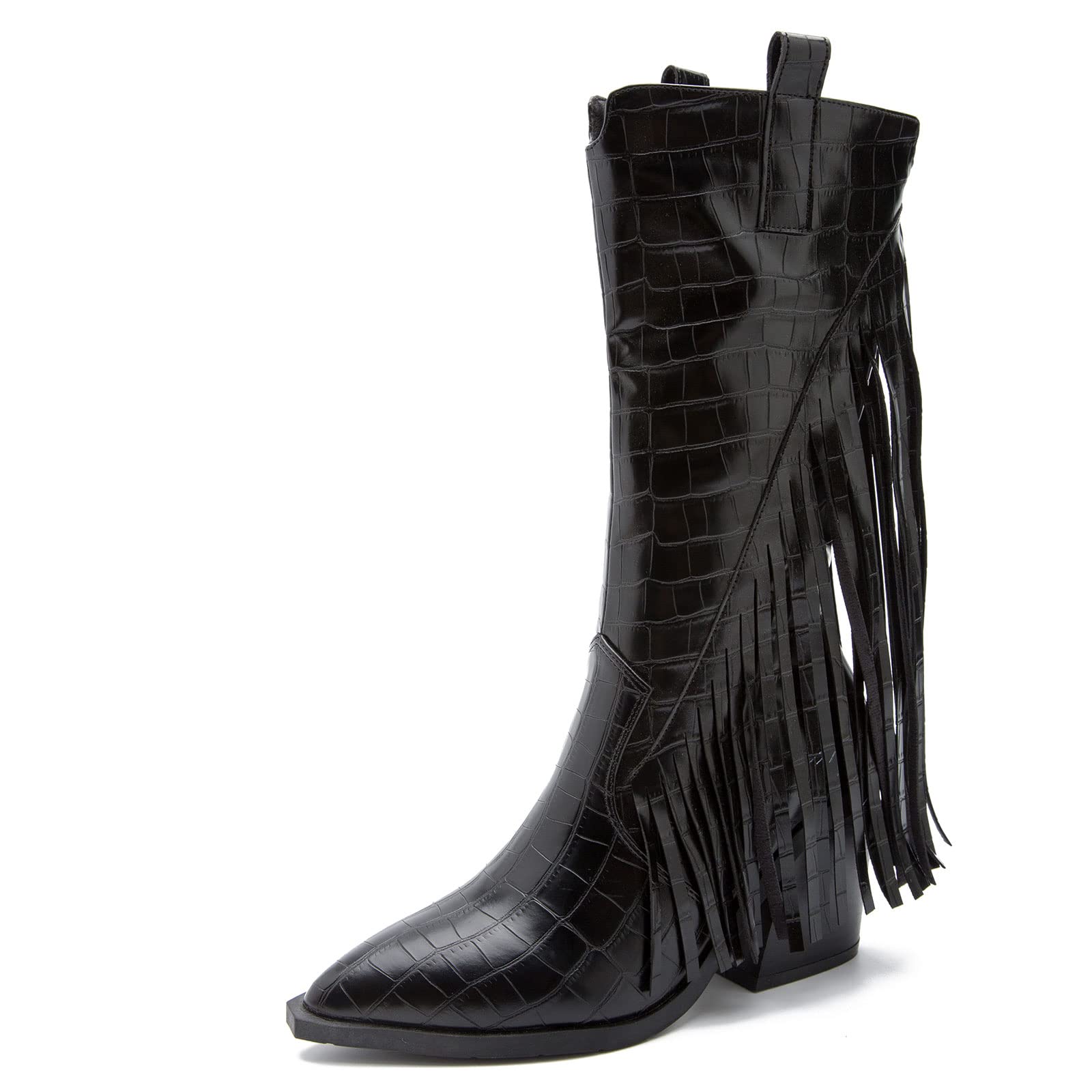 Women's Fringe Cowboy Boots Vintage Tassel Pointed Toe Cowgirl Boots Chunky Block Heel Slip On Mid Calf Western Boots