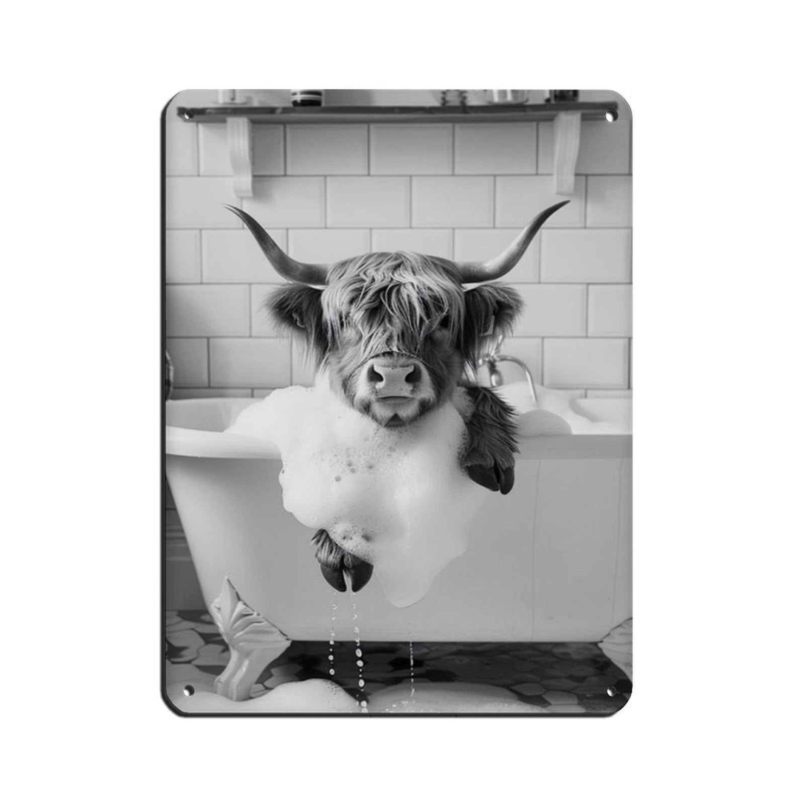 Highland Cow in The Bathtub, Funny Animal Poster (3) Tin Sign Vintage Metal Pub Club Cafe Bar Home Wall Art Decoration Poster Retro 12x16inch(30x40cm)