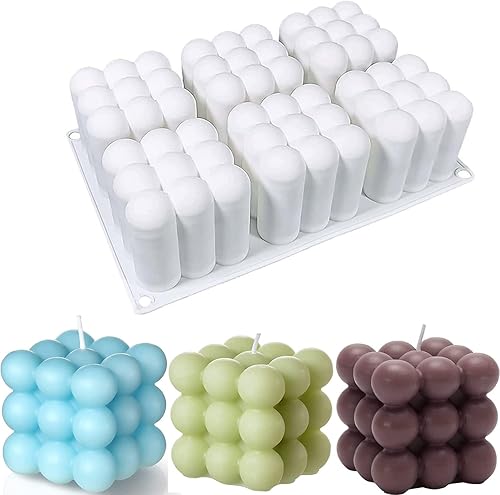 Konrisa Moldes para velas de cubo, 6 cavidades 3D de silicona de burbujas para hacer velas, molde para pasteles para hornear chocolate, postre,