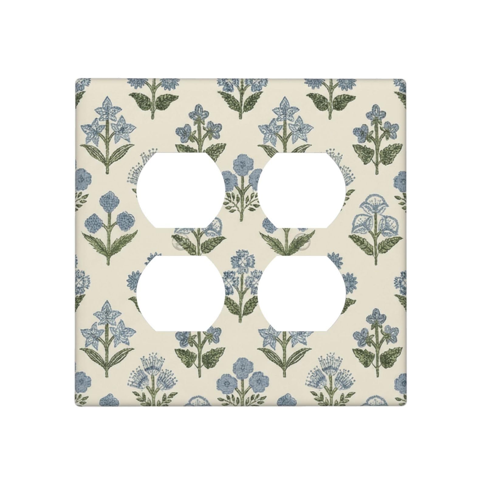 Beige Vintage Blue Floral Boho Flower 2 Gang 2 Duplex Combination Light Switch Cover Decorative Combo Dual Device Receptacle Switch Face Wall Plate