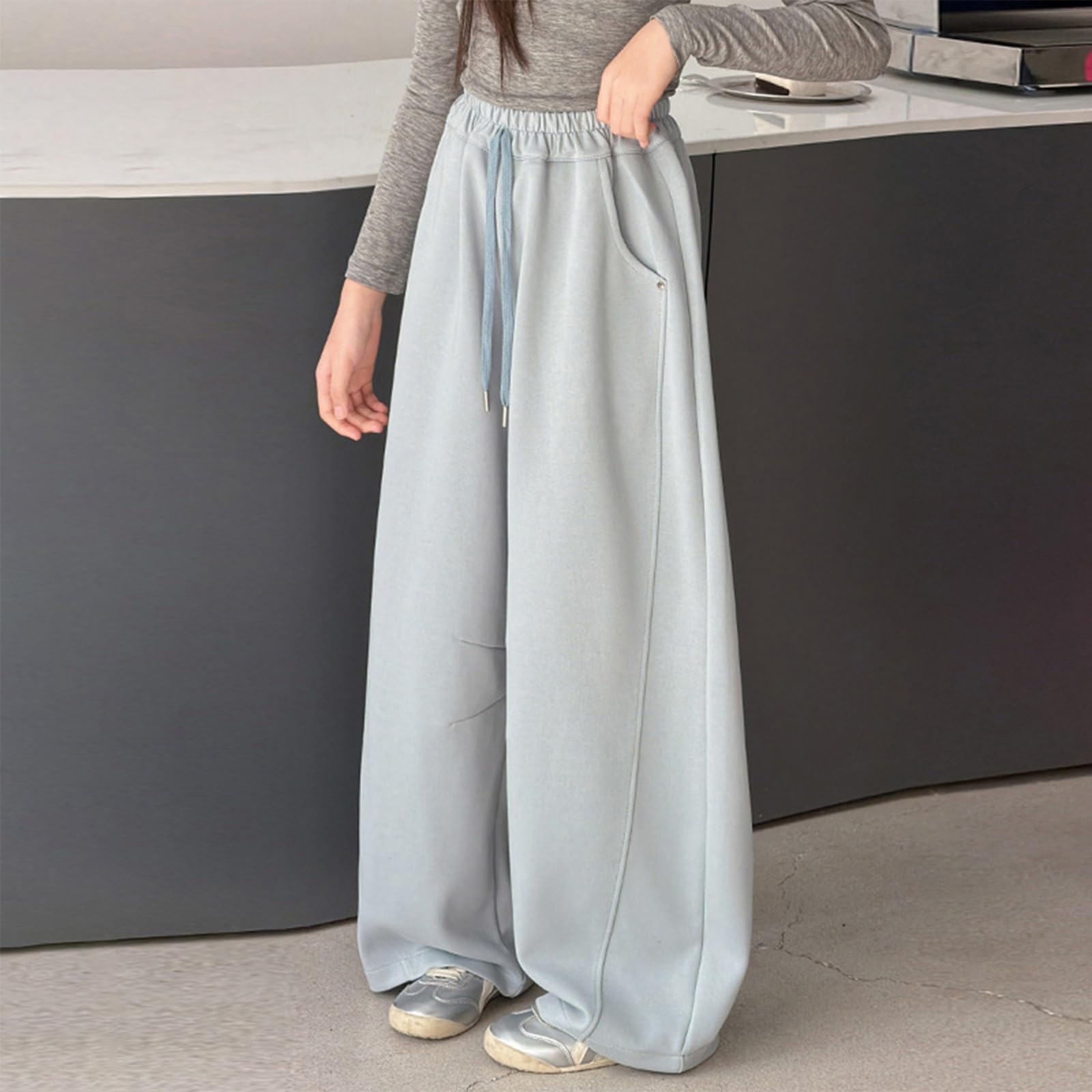 Baggy Sweatpants für Kinder und Mädchen, weites Bein, gerades Bein, lockere Passform, weite Beine, trendig, sportlich, bequem, offene Unterseite, offenes Bein, hohe Taille, Yogahose, gestrickt