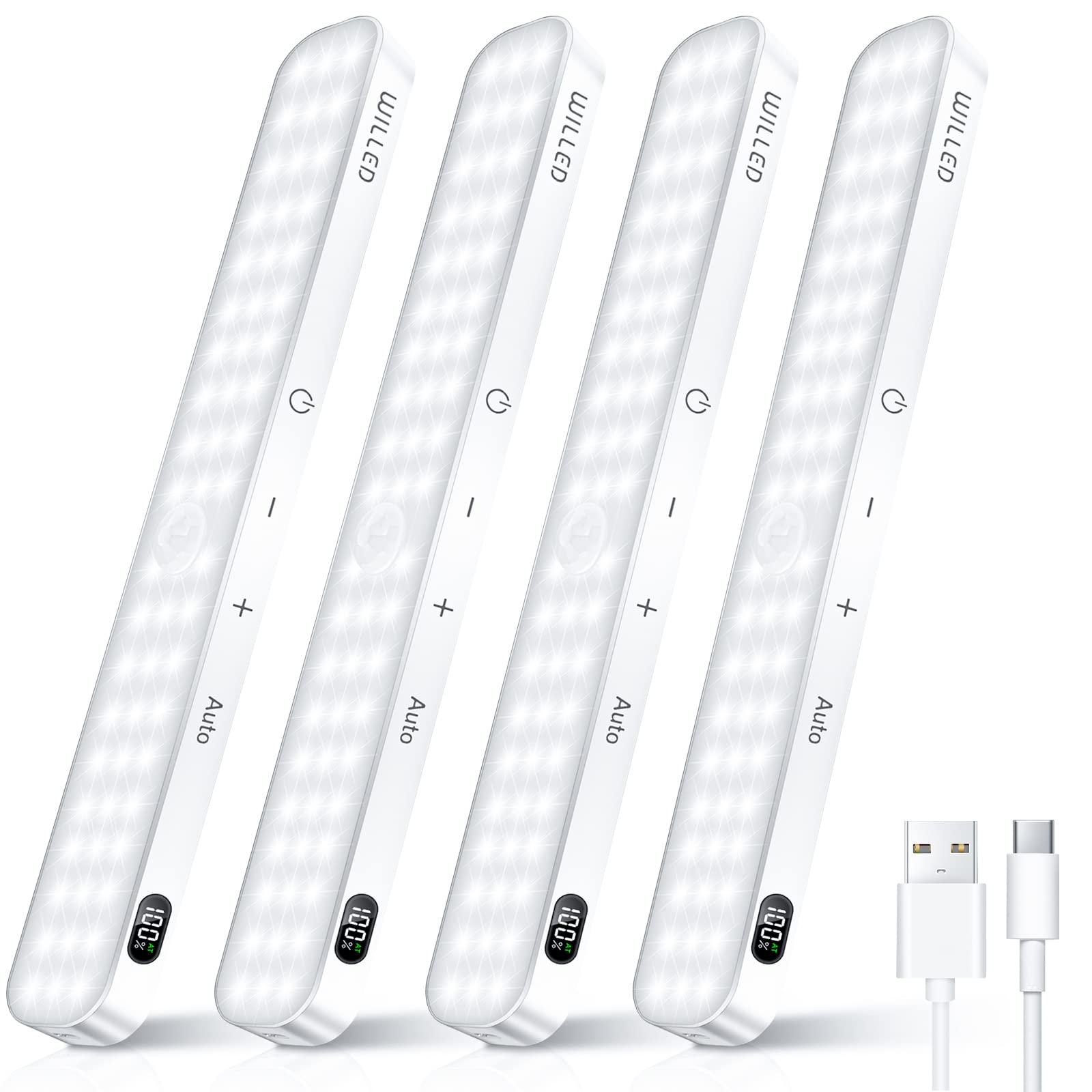 WILLEDUnder Cupboard Kitchen Lights, Battery Display, Motion Sensor Lights Indoor, Wardrobe Lights USB Rechargeable LED Closet Light, Under Cabinet Kitchen Lights Stick-on Stairs Hallway(4 Pack)