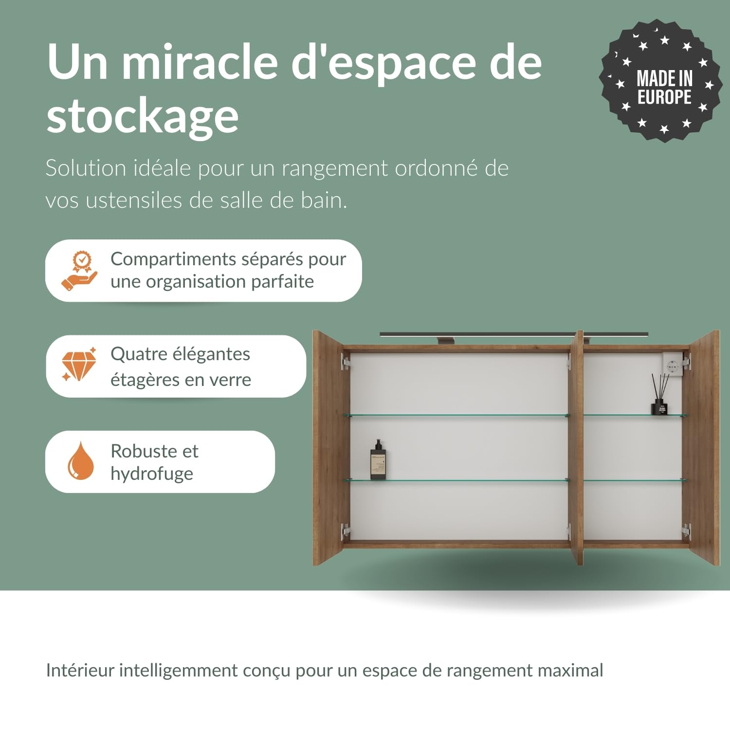 Planetmöbel Aria Armoire de Toilette avec éclairage, 120 x 70 x 16 cm, Armoire de Salle de Bain Suspendue avec Miroir, Chêne doré, avec Lampe et Prise électrique, pour WC invités