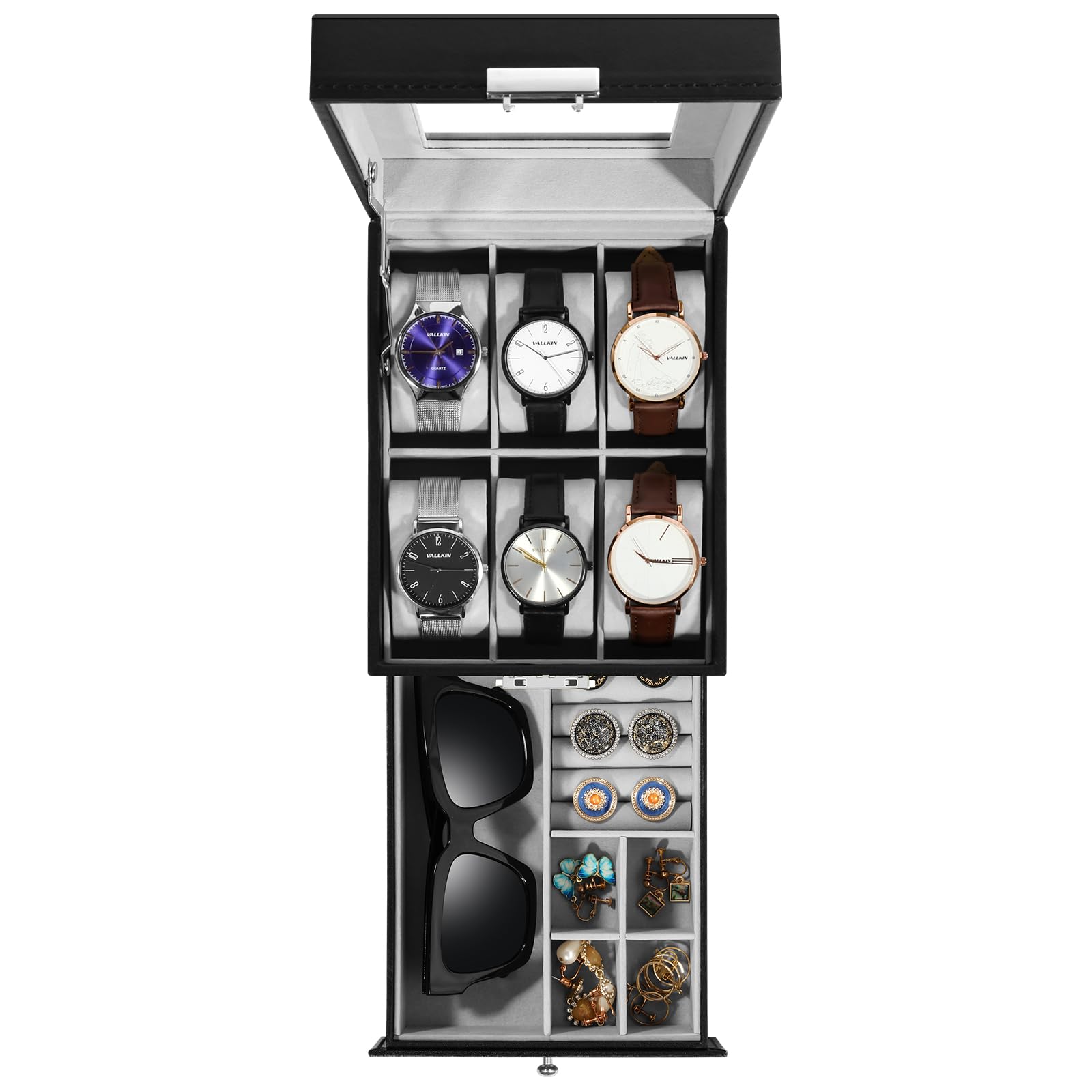 Uten Scatola Porta Orologi a 6 Scomparti, 2 Livelli PU Porta Orologi, Serratura a Chiav, Coperchio in Vetro, Fodera in Velluto Grigio, Idea Regalo, Catola Portagioielli per Orologi Uomo e Donna