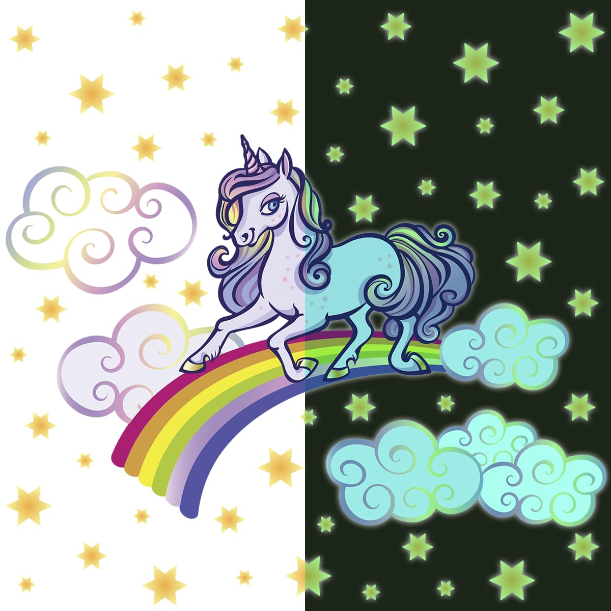 Ambiance Sticker Świecąca fosforyzująca naklejka ścienna ścienna dla dzieci fluorescencyjny jednorożec na tęczy - wys. 50 x dł. 65 cm