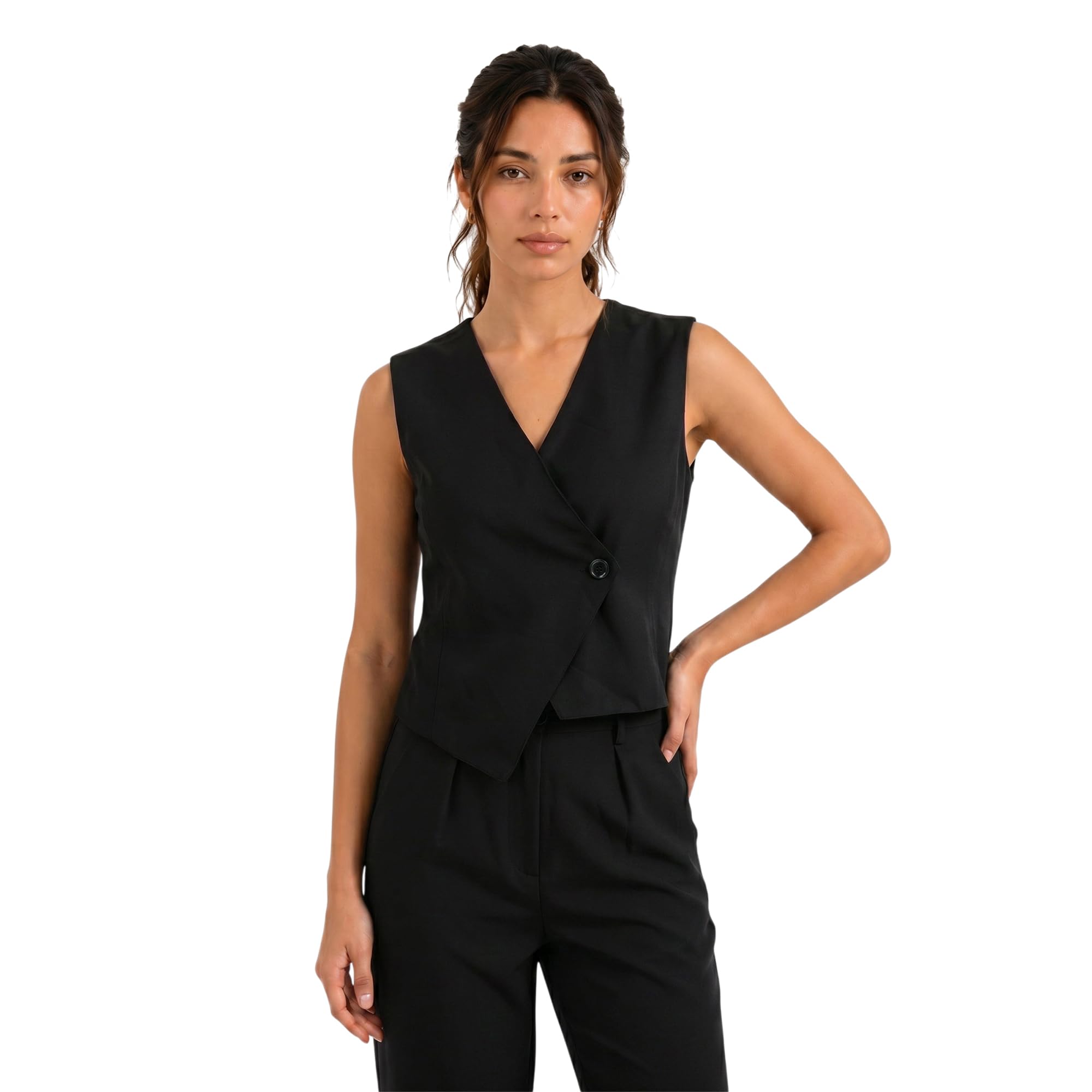 BOSSBELA Women Solid Black Sleeveless Single-Breasted Formal Waistcoat | Classic Office Vest | Cropped Regular Fit-image-42