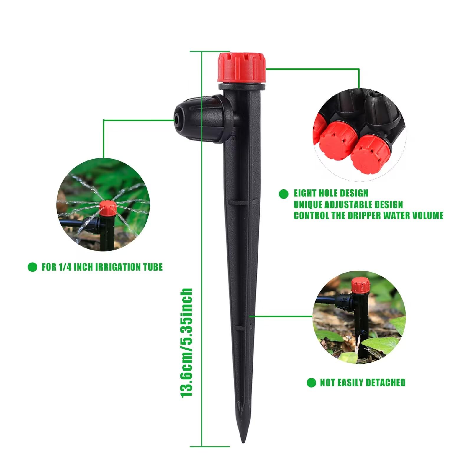 Emiter do nawadniania kropelkowego z regulowanym przepływem wody 360 stopni do węży 1/4", 25 szt. rozpylaczy do kropli, 25 szt. emiter kropli (50 szt. kolorowych x 25 rozpylaczy x 25 kropli)