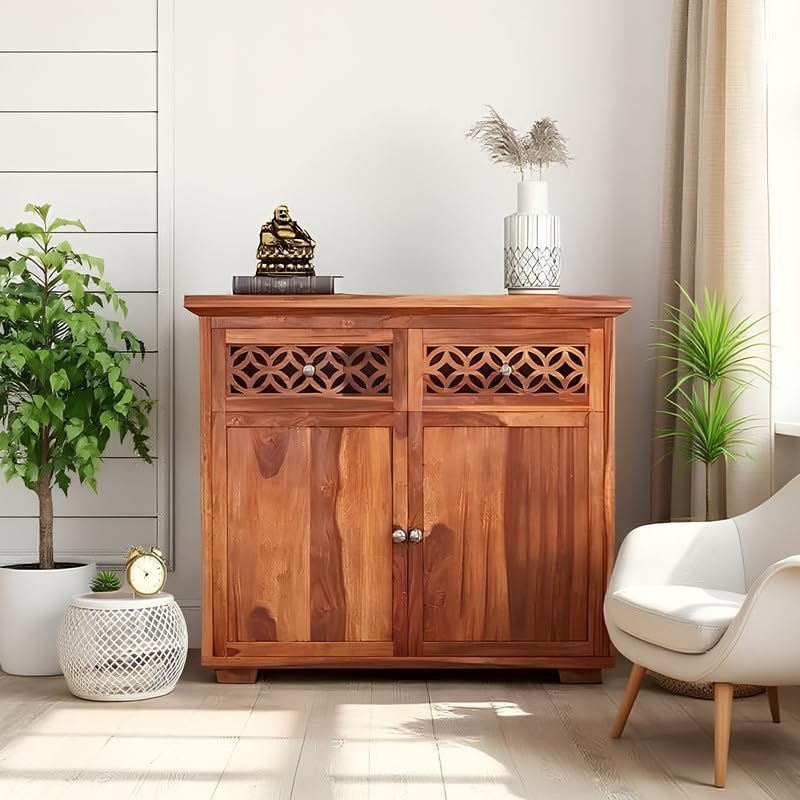 Image of Amazon Brand - Solimo Solid Sheesham Wood Malta Sideboard Cabinet with 2 Drawer and 2 Door Storage for Living Room Home and Office (Honey Finish)