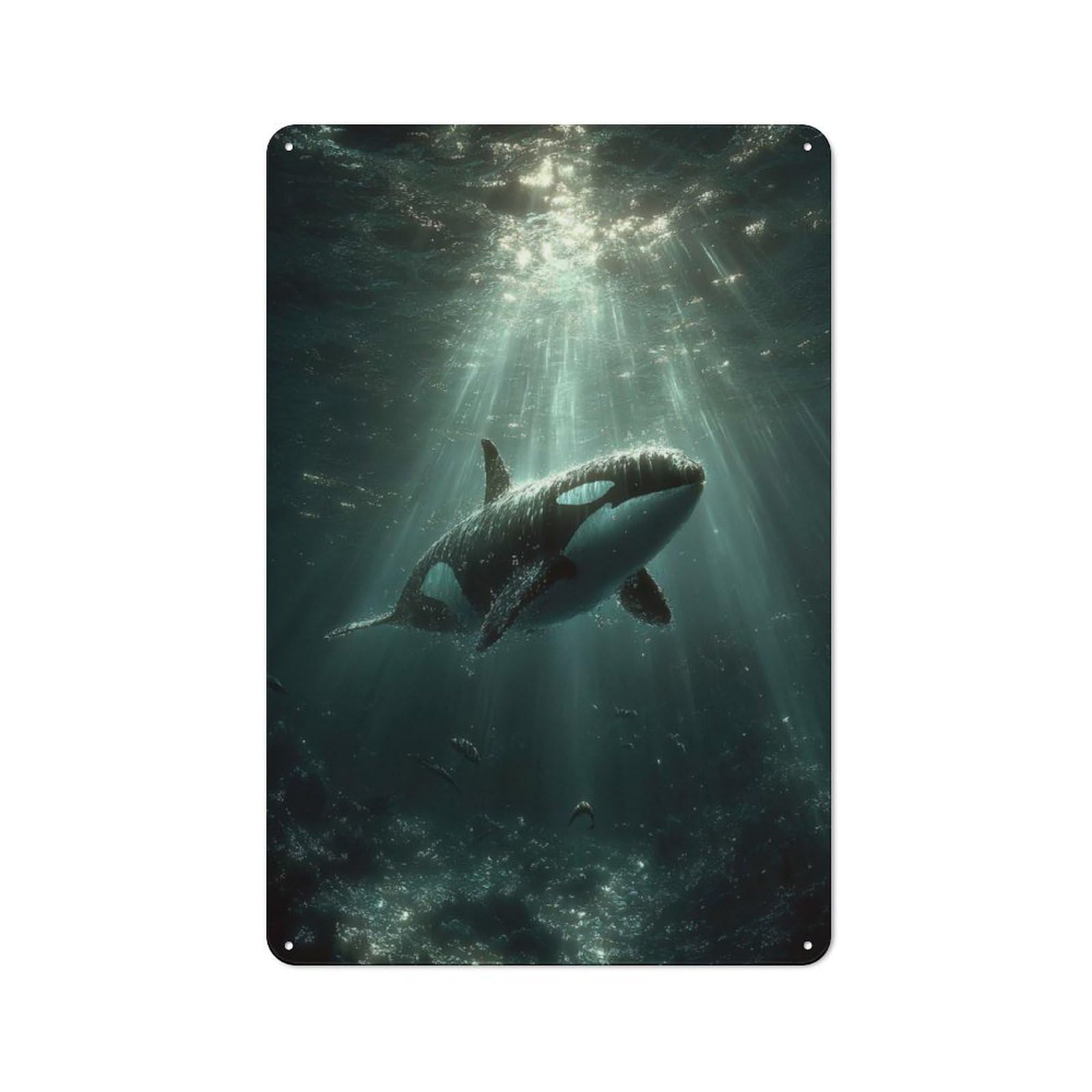 Junmoney Style-21 Tin Wall Plaque 30X20cm With Orca Whale Swimming Underwater With Sunbeams For Hobby Room Or Studio, For Themed Interiors In Hobby Rooms And Studios