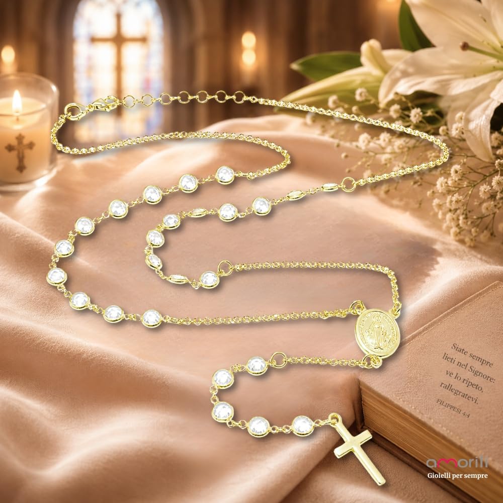 Collana Rosario Donna in Argento 925 Dorato con Postine di Zirconi Bianchi – Gioiello Religioso Cattolico Cristiano con Croce e Medaglia Miracolosa – Simbolo di Fede Elegante cll0827
