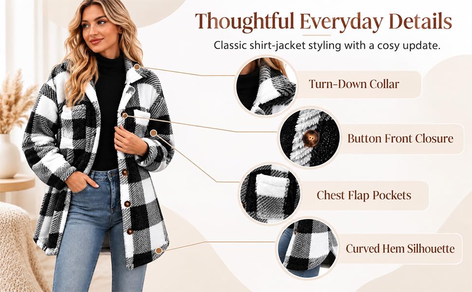 Womens Plaid Fleece Jacket Oversized Button Down Shacket Fall Winter Coats - image 4