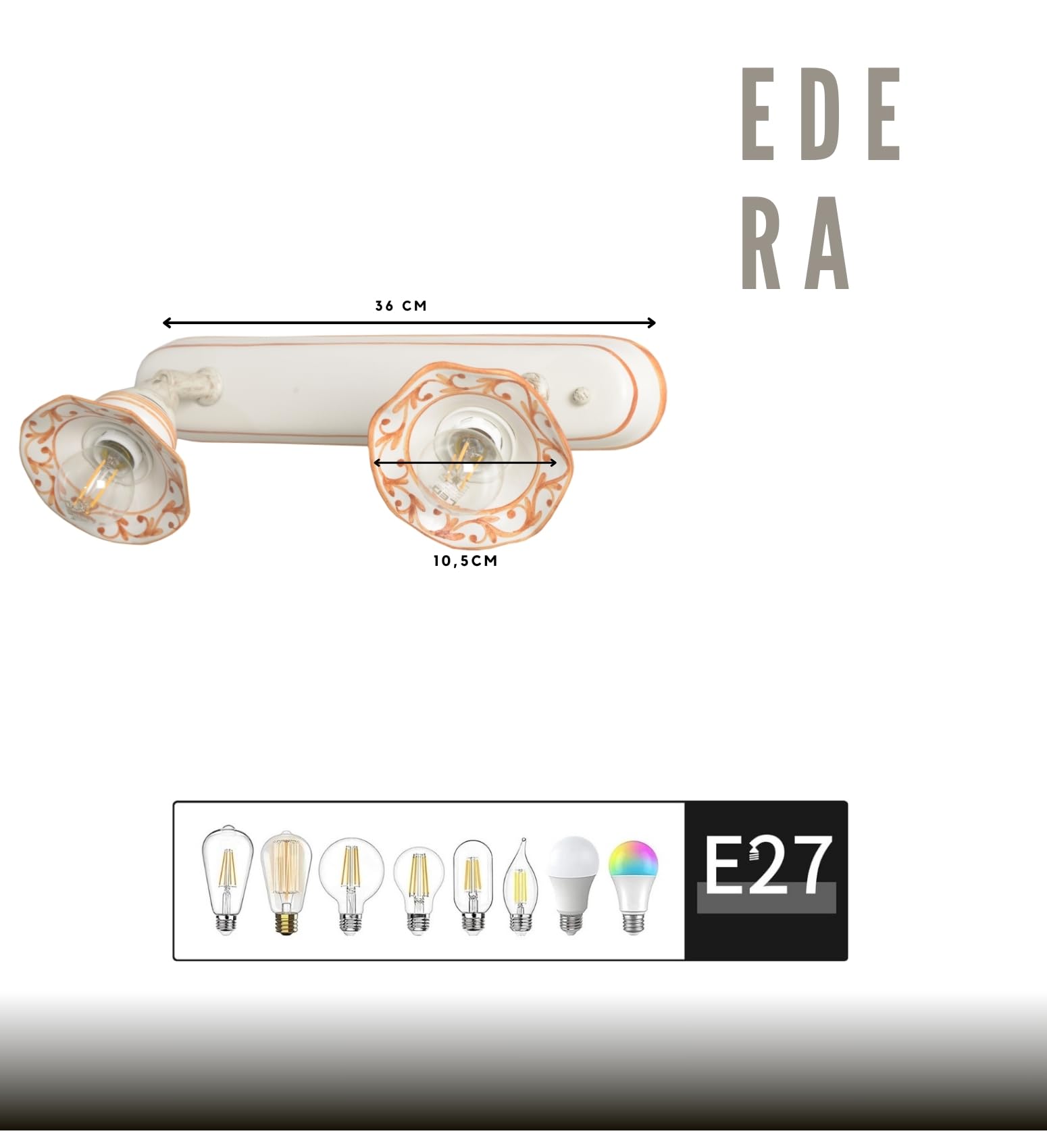 VANNI LAMPADARI - Applique da Parete Interno Edera - Lampada da Parete Orientabile 2 Luci- in Ceramica Decorata a Mano - Applique Camera da Letto - Bagno - Cucina – Soggiorno, Ocra