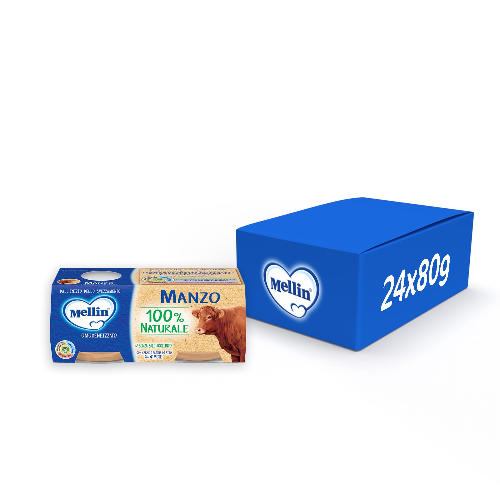 Mellin Omogeneizzato Di Manzo, Naturale, 80 g, Confezione da 24