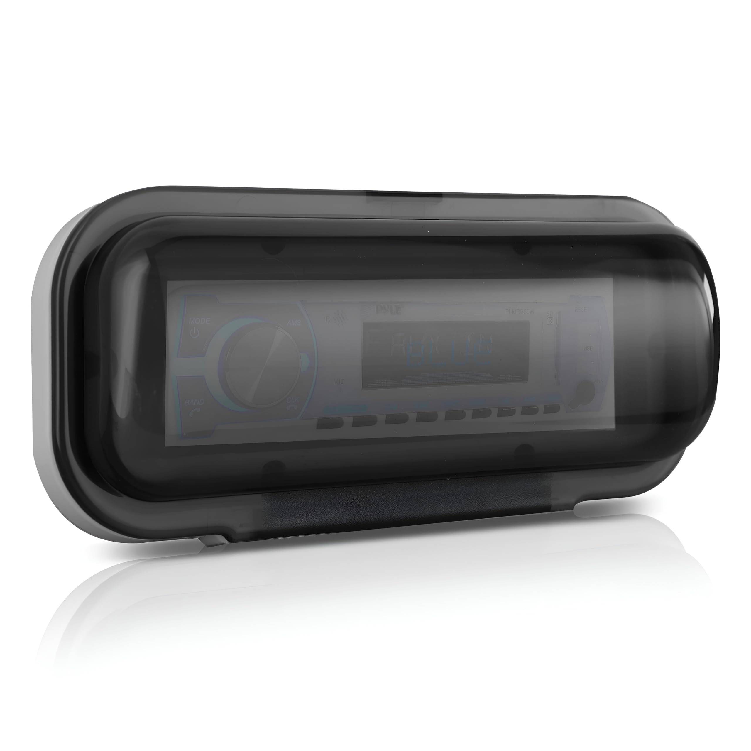 Pyle Water Resistant Marine Stereo Cover - Smoke Colored Heavy Duty Boat Radio Protector Shield with Flip-up Door & Spring Loaded Release - Mounting Gasket Included - PLMRCW1