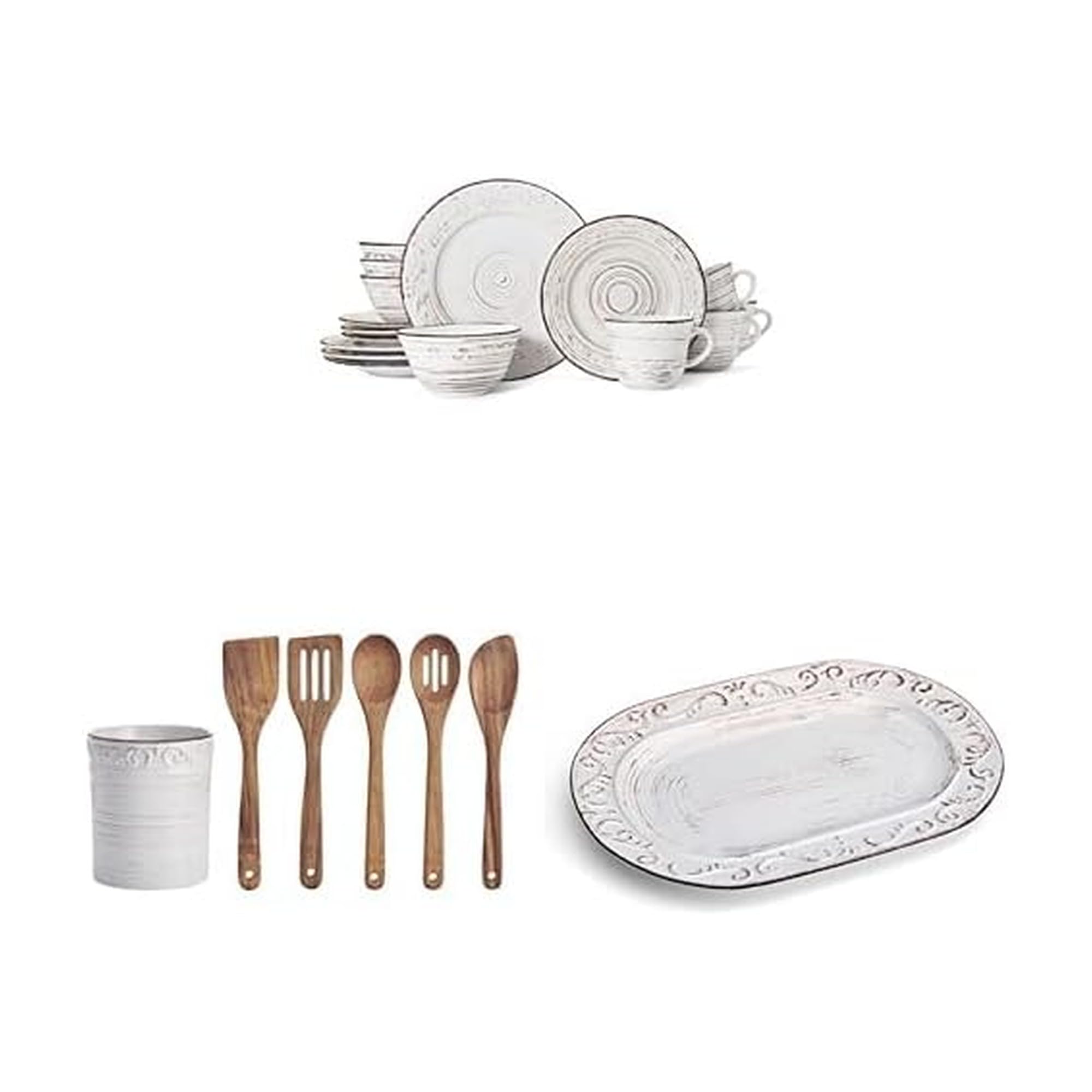 Pfaltzgraff Trellis White 16-Piece Dinnerware,Crock, and Serving Platter Set
