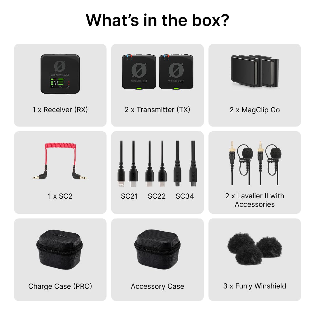 RØDE Wireless PRO, sistema microfonico wireless compatto con timecode, registrazione integrata a 32-bit float, 2 microfoni lavalier e custodia di ricarica smart per filmmaking e creazione di contenuti