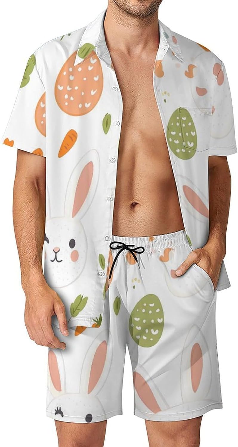Bunnies Carrot Easter Eggs Men's Summer Beach 2 Piece Outfits | hawaiian button down shirt and shorts,vacation cruise,mens bathing suit