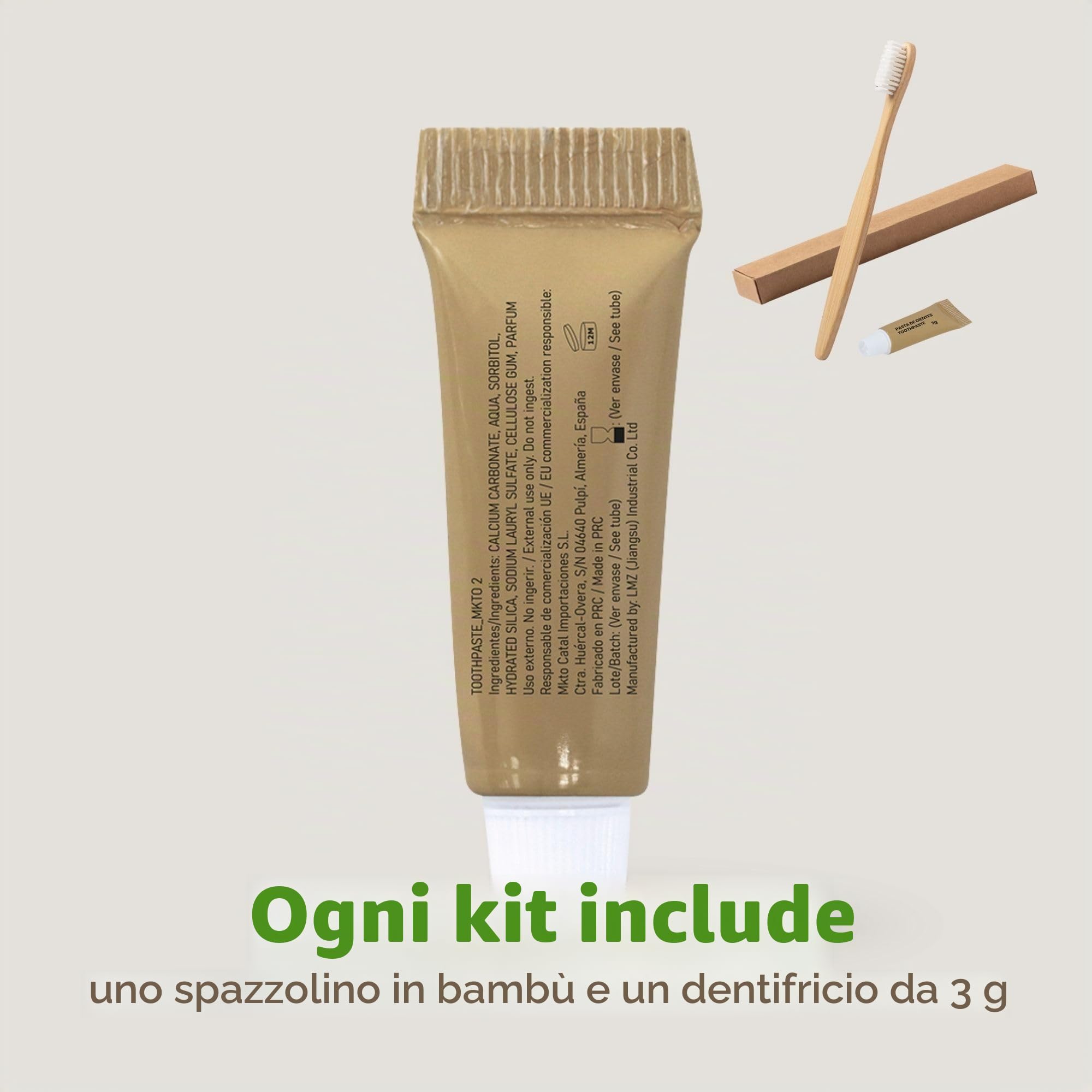 Confezione da 50 set dentali con spazzolino da denti in bambù e dentifricio da 3 g - manico naturale - astuccio singolo riciclato - set dentale ecologico per alberghi, cliniche e alloggi