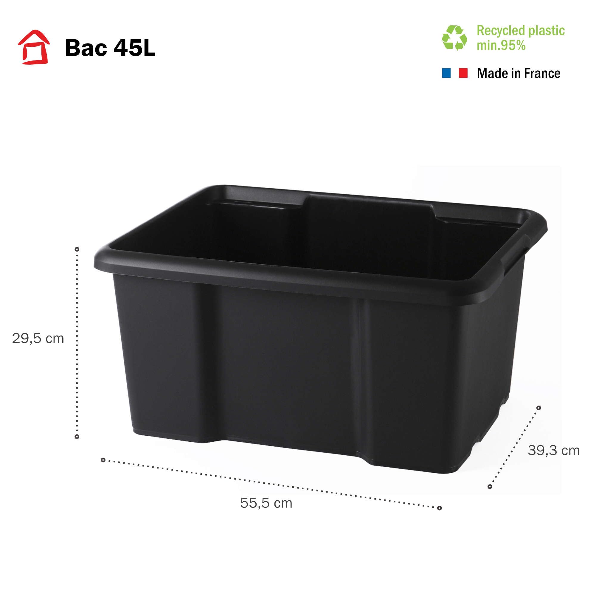 Sundis set di 5 scatole portaoggetti da 45L, nero, L.55,5xl.39,3x H29,5cm, in plastica riciclata, impilabili, ideale per l'officina, il bricolage o il trasporto