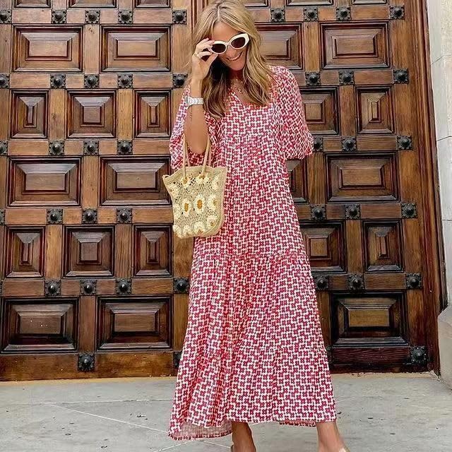 Image of Womens 2024 Casual Boho Maxi Dresses V Neck 3 /4 Puff Sleeve Geometric Pattern Smocked Ruffle Beach Long Sundress (B,Small)
