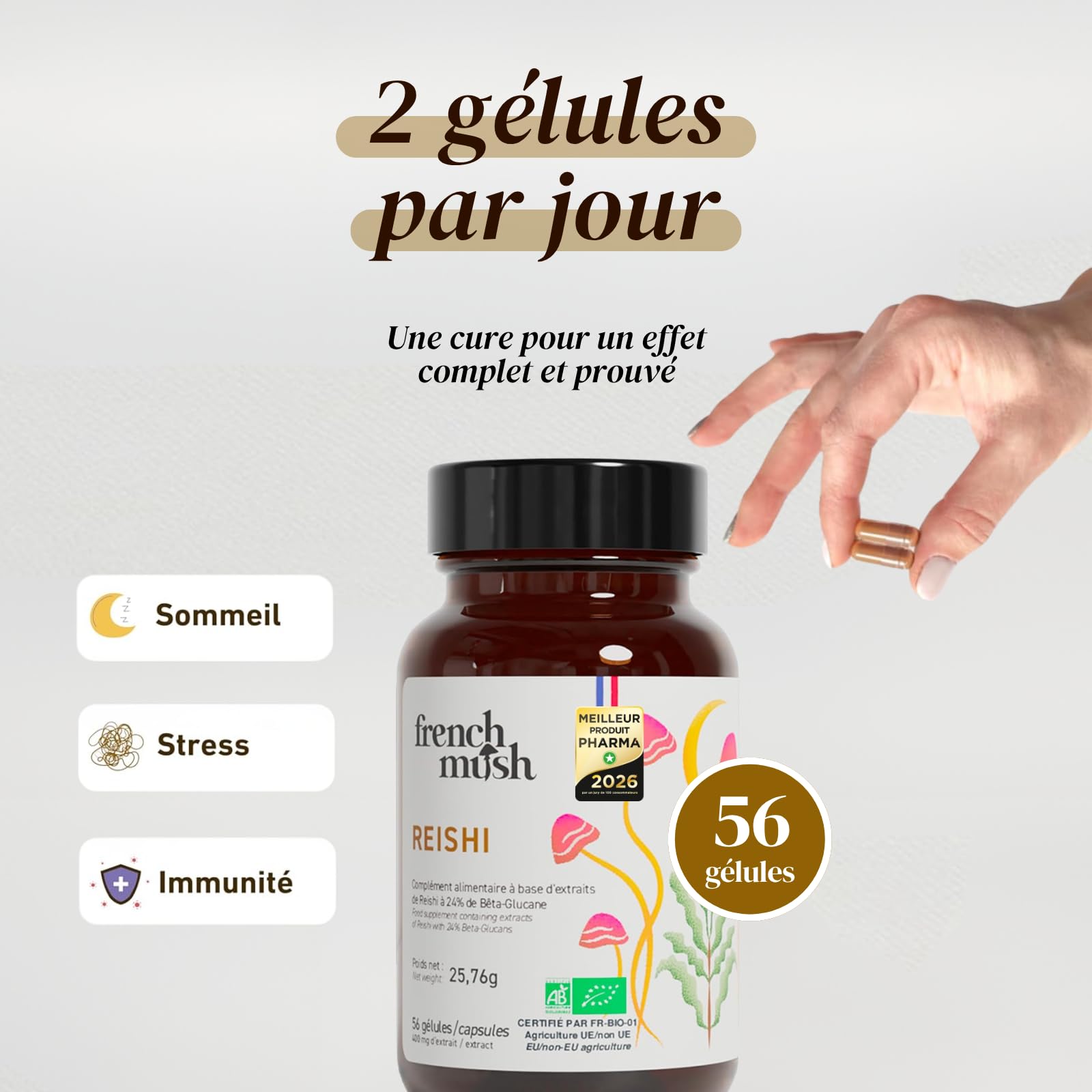French Mush - Reishi Bio 8000mg - 56 Gélules Vegan - 30% Polysaccharide, 92% Biodisponibilité - Effet Apaisant, Sommeil Réparateur, Relaxation - Testé en Laboratoire - Fabriqué en France
