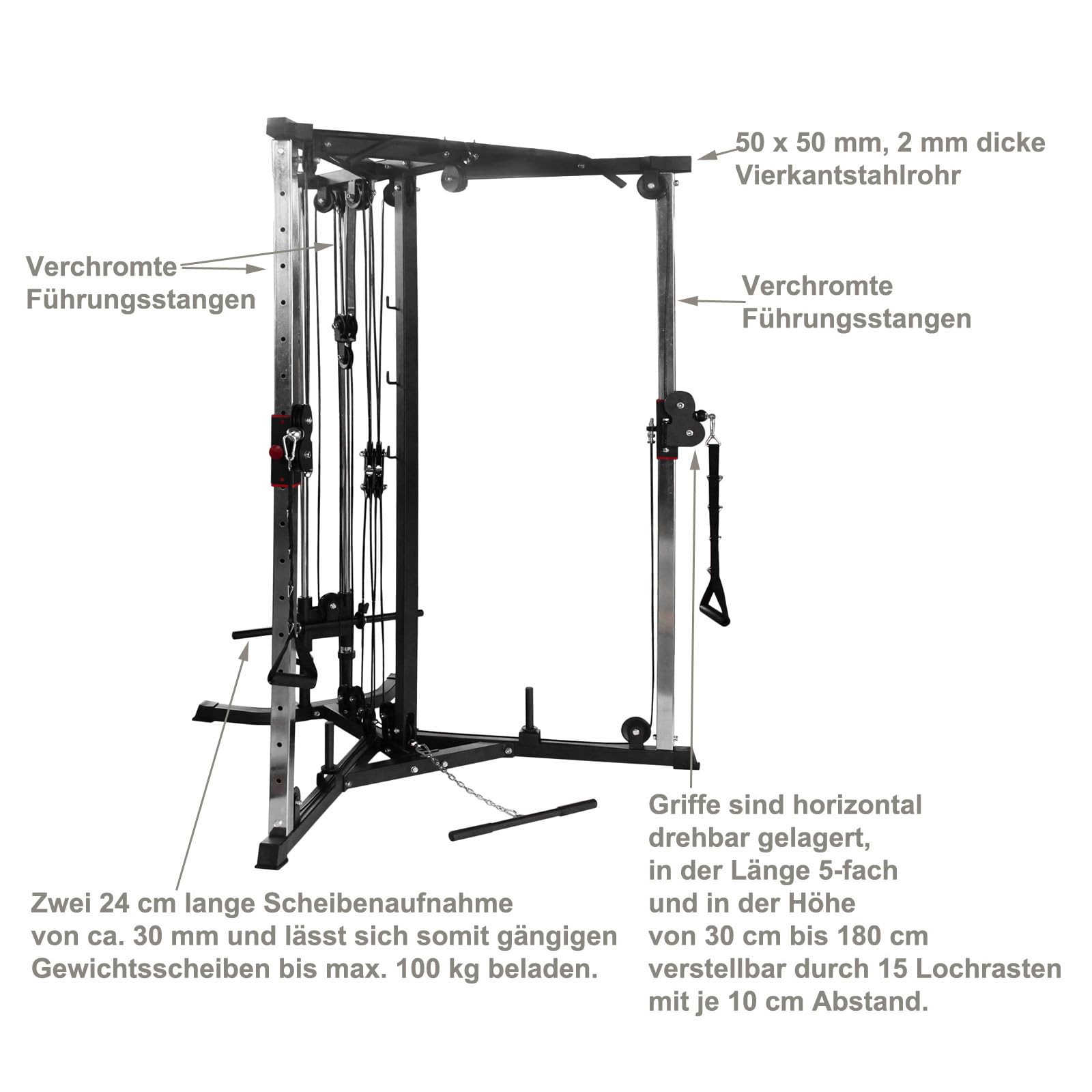 Hansson Sports® Kabelzug Trainer Latzugstation Kraftstation Cross Over mit Klimmzugstange, Bizeps- / Trizeps-Stange, geprüfte und zertifizierte Profi Qualität