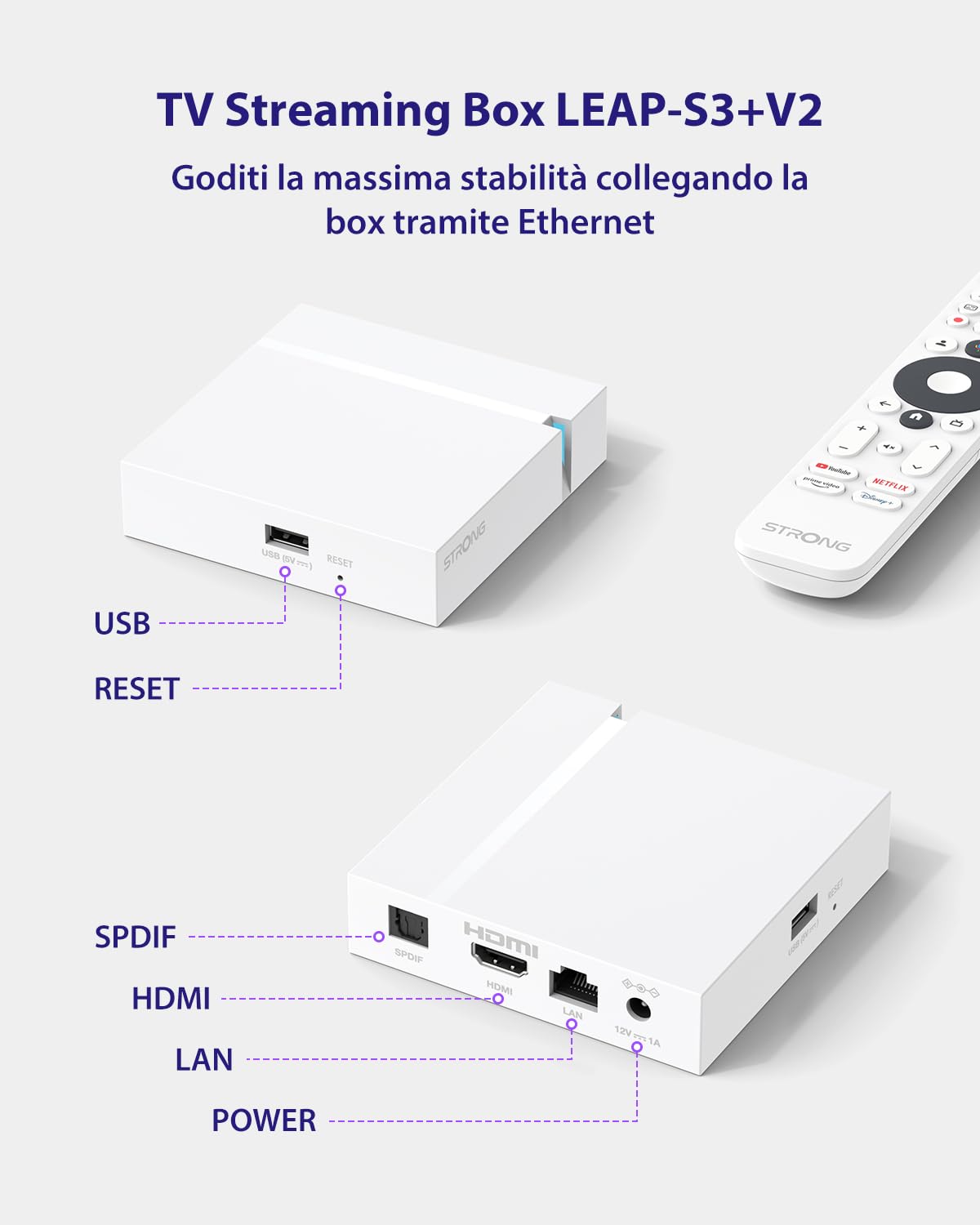 STRONG LEAP-S3+V2 Streaming Smart TV Box 4K UHD – 2GB RAM + 16GB Memoria, HDR10+ & Dolby Vision, WiFi 5 & BLE 5, Porta Ethernet (RJ45), Assistente Vocale, Bianco