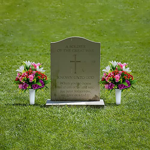 Flores artificiales cementerio con lirios artificiales y jarrón decorativo para lápida, 2 sets 6