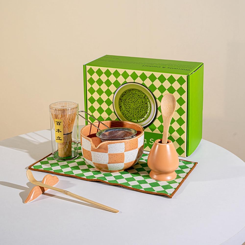 Juego de 8 batidores de matcha con caja de regalo de rejilla verde, juegos de kit de ceremonia de té tradicional japonés, juego de cuencos de cerámica esmaltada con patrón cuadrado para té verde