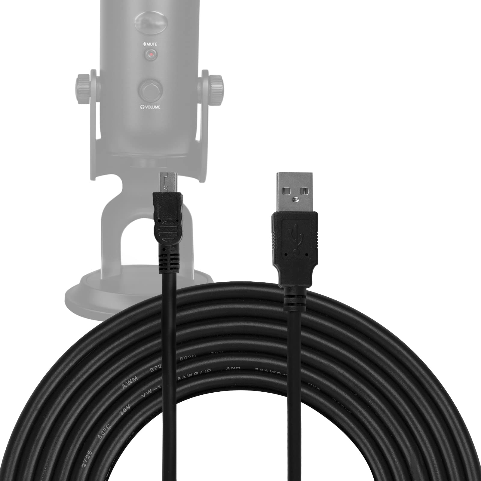 GEEKRIAfor Creators USB-A to Mini-USB Microphone Cable 10 ft / 300 CM, Compatible with Logitech for Creators Blue Yeti, Yeti Pro, Snowball iCE, Mic Cord (Black)
