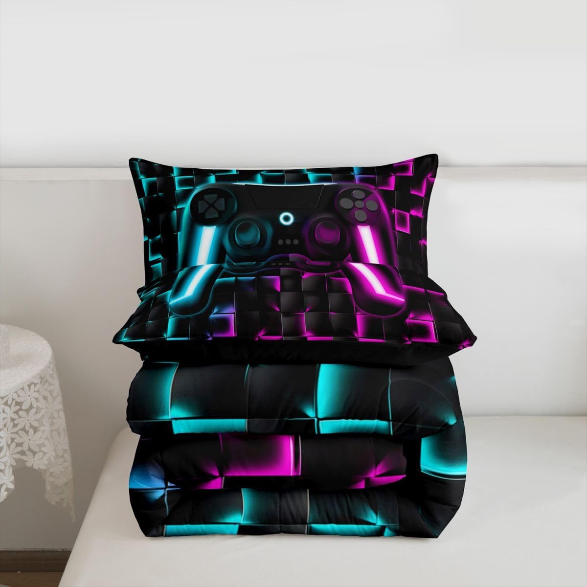 Erosebridal Boys Gamer Comforter Set Gaming Queen Size Bedding Sets for Kids Boys Teen Men Neon Lights Ombre Checkered Video Games Bed Comforter Set 3D Geometric Game Console Quilt Blue Purple