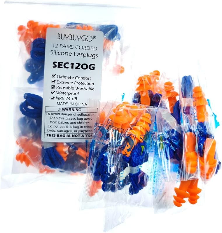 12 Pairs Corded Silicone Ear Plugs - Individually Wrapped - Reusable Noise Cancelling Earplugs for Hearing Protection - Shooting Range Noise Reduction, Construction Work, Hunting Ear Protection